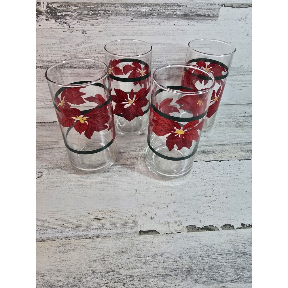 Vintage Christmas Poinsettia Highball Glasses Red Green Floral Set of 4 Holiday